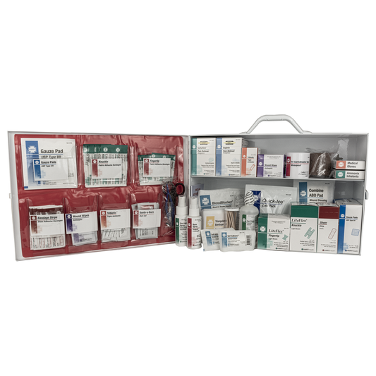 2 SHELF FIRST AID CABINET, FULLY STOCKED WITH MEDS